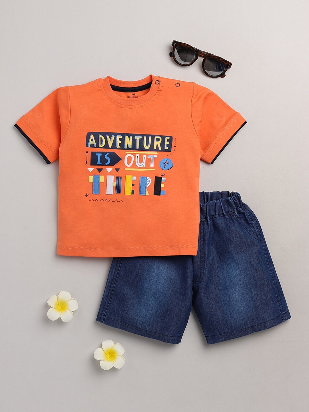 

BRATS AND DOLLS Boys Orange & Navy Blue Printed T-shirt with Shorts