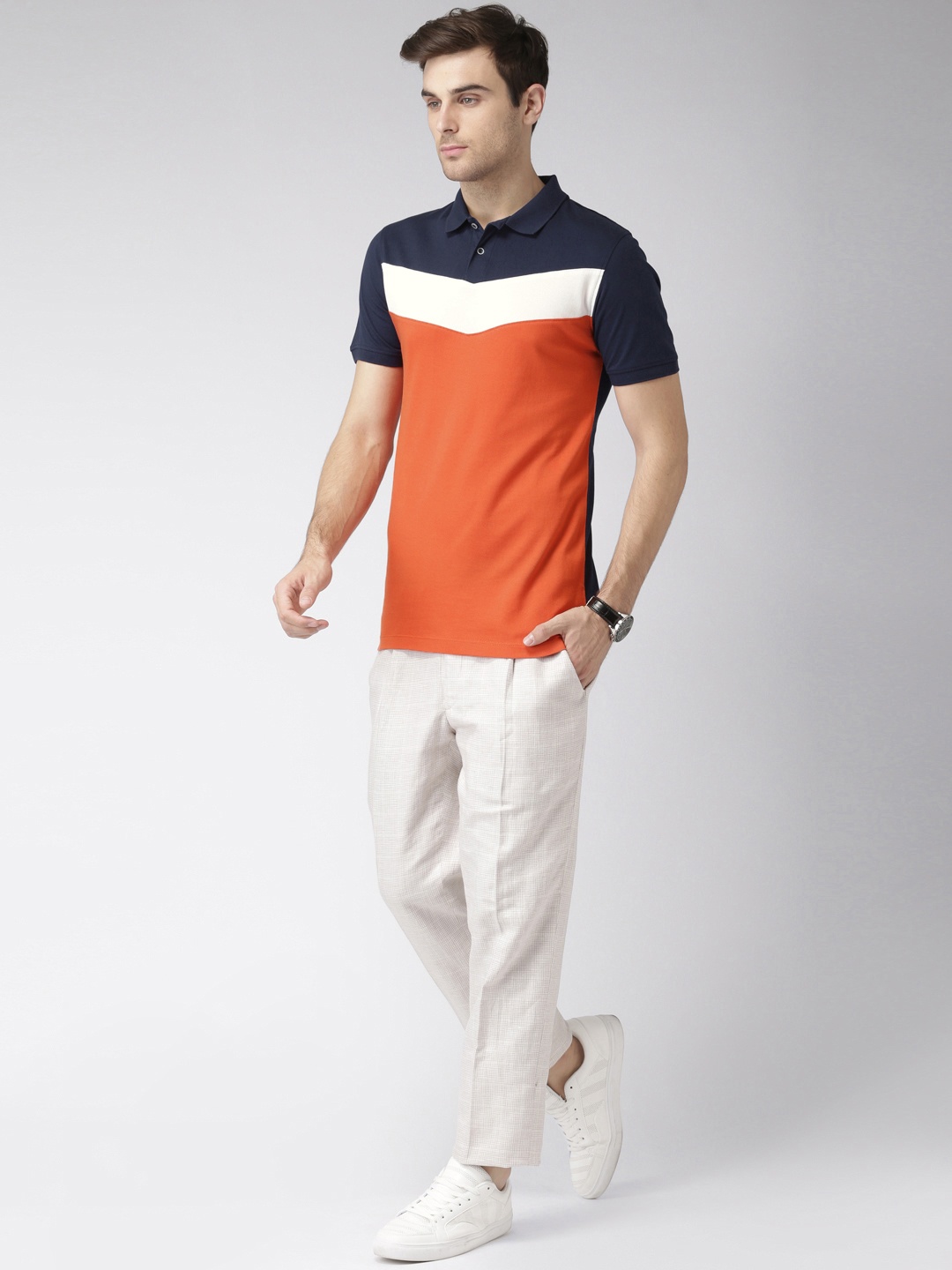 

INVICTUS Men Orange Navy Colourblocked Polo Collar Pure Cotton T-shirt