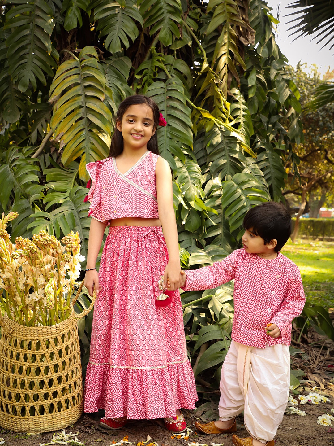 

LIL DRAMA Girls Peach-Coloured Printed Cotton Ready to Wear Lehenga