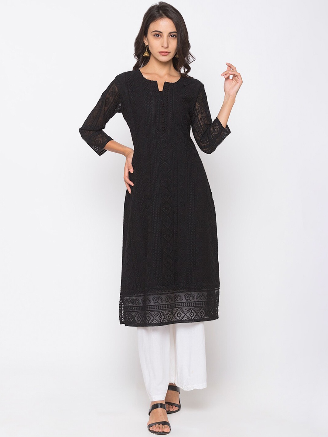 

ZOLA Women Black Ethnic Motifs Embroidered Chikankari Georgette Kurta