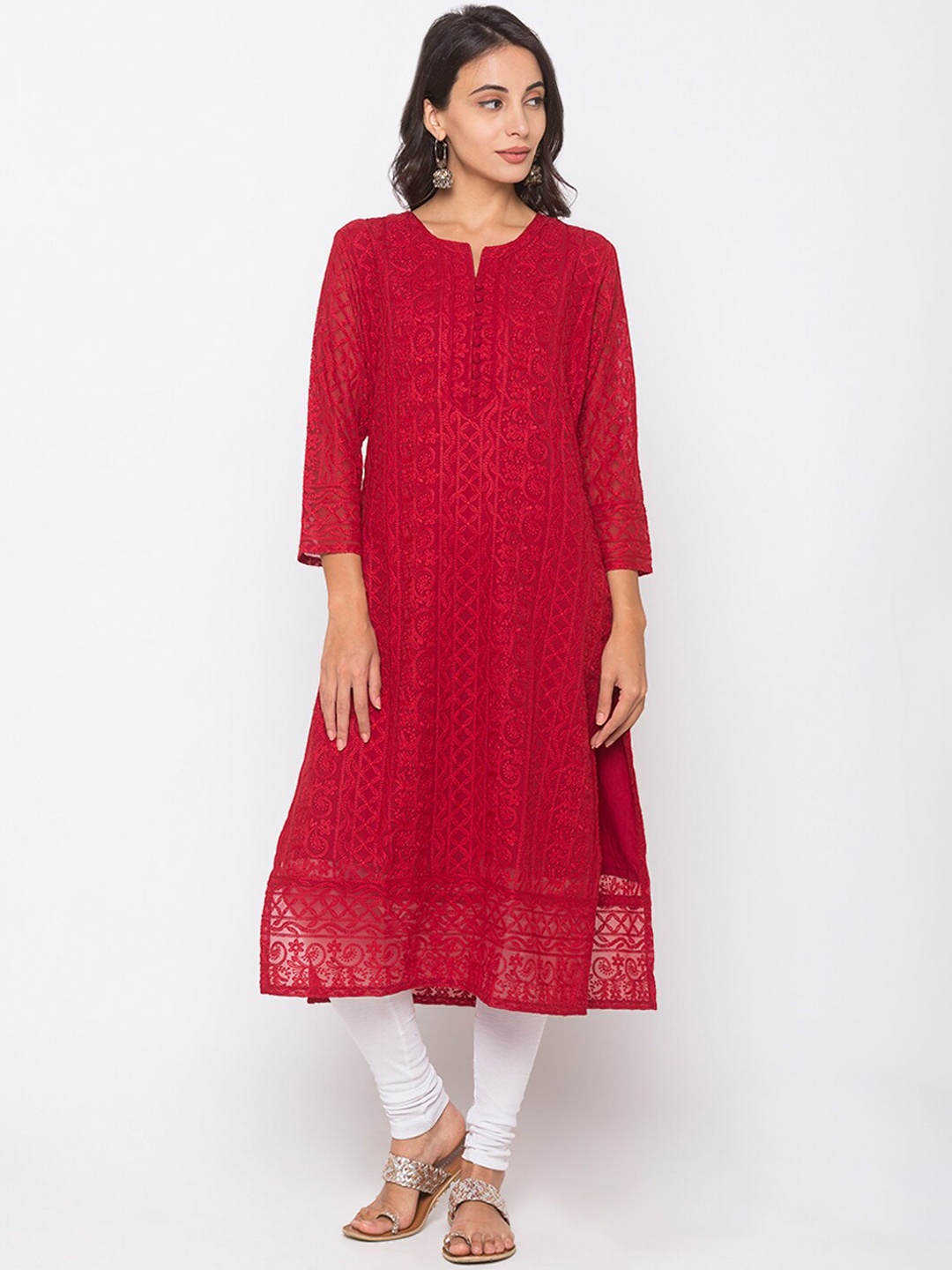 

ZOLA Women Maroon Ethnic Motifs Embroidered Keyhole Neck Georgette Kurta
