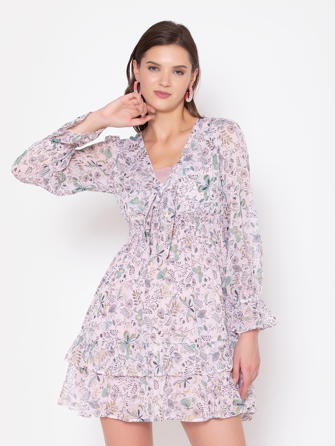 

FLAWLESS Pink & Grey Floral Printed Chiffon Dress
