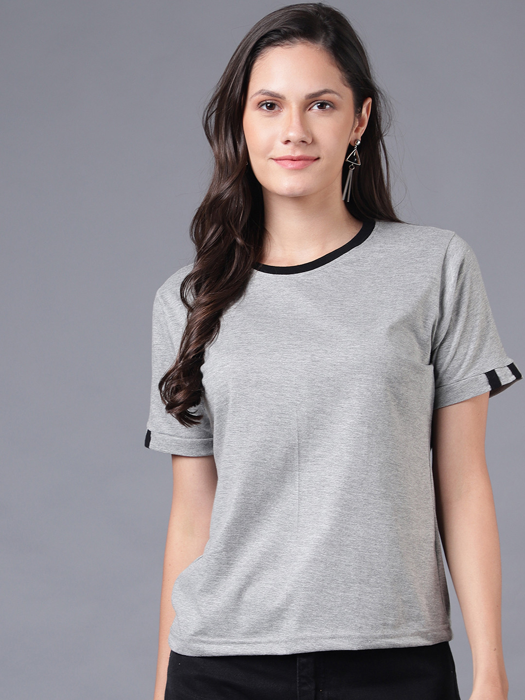 

HILL STREET Women Grey Melange Drop-Shoulder Sleeves Applique Outdoor T-shirt