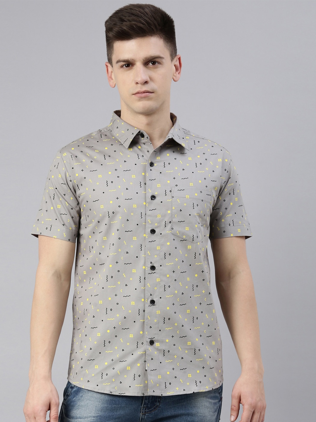 

Joven Men Grey Slim Fit Printed Cotton Casual Shirt