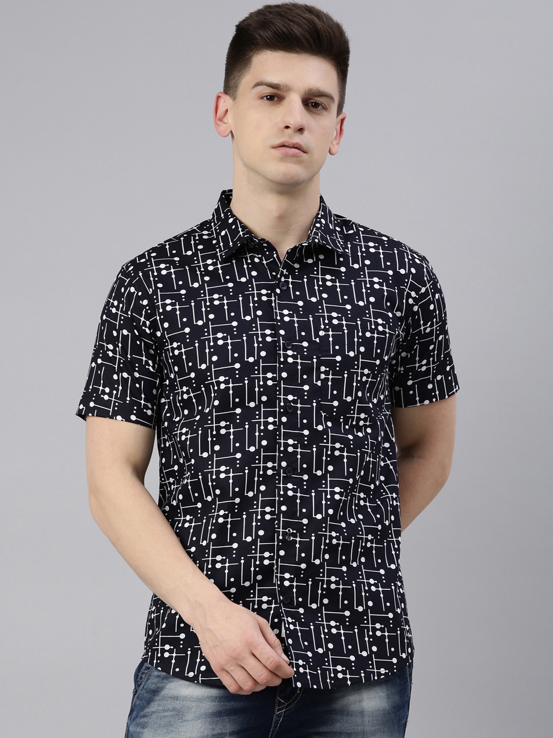 

Joven Men Navy Blue Slim Fit Printed Cotton Casual Shirt