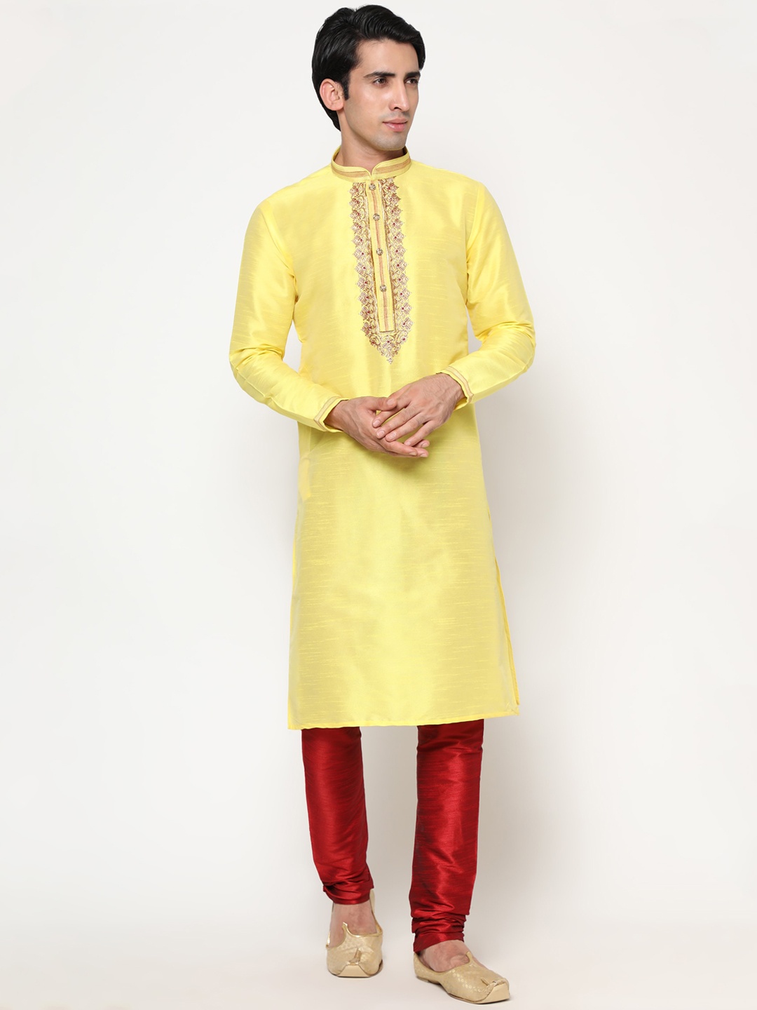 

LAGAAV Men Yellow Solid Raw Silk Kurta with Churidar