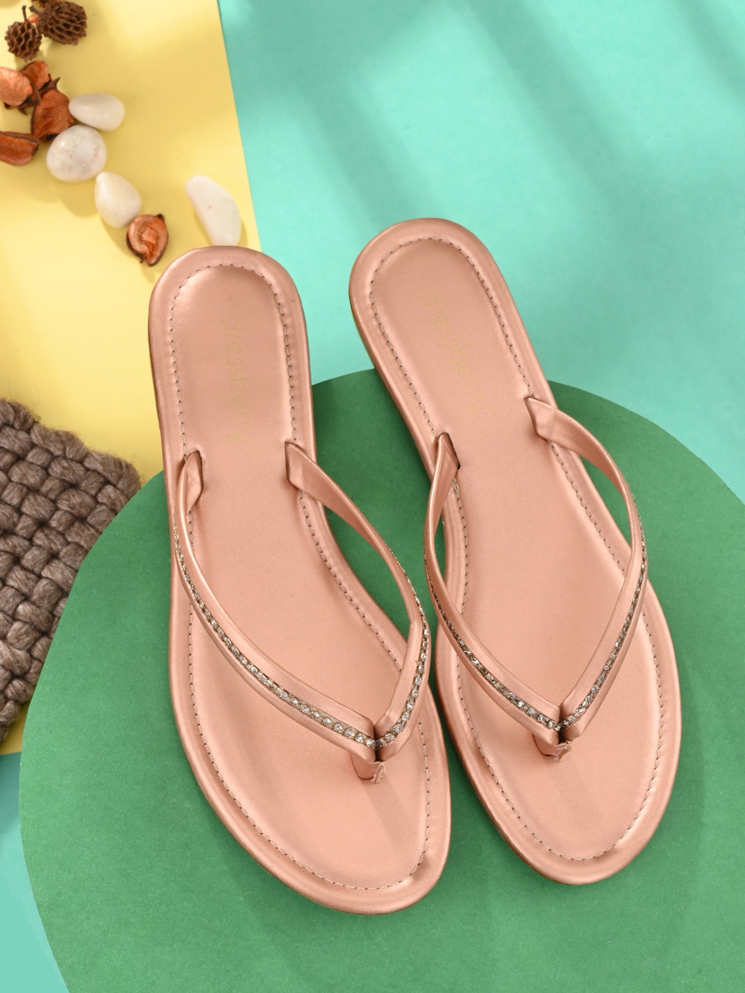 

DressBerry Women Rose Gold Embellished T-Strap Flats