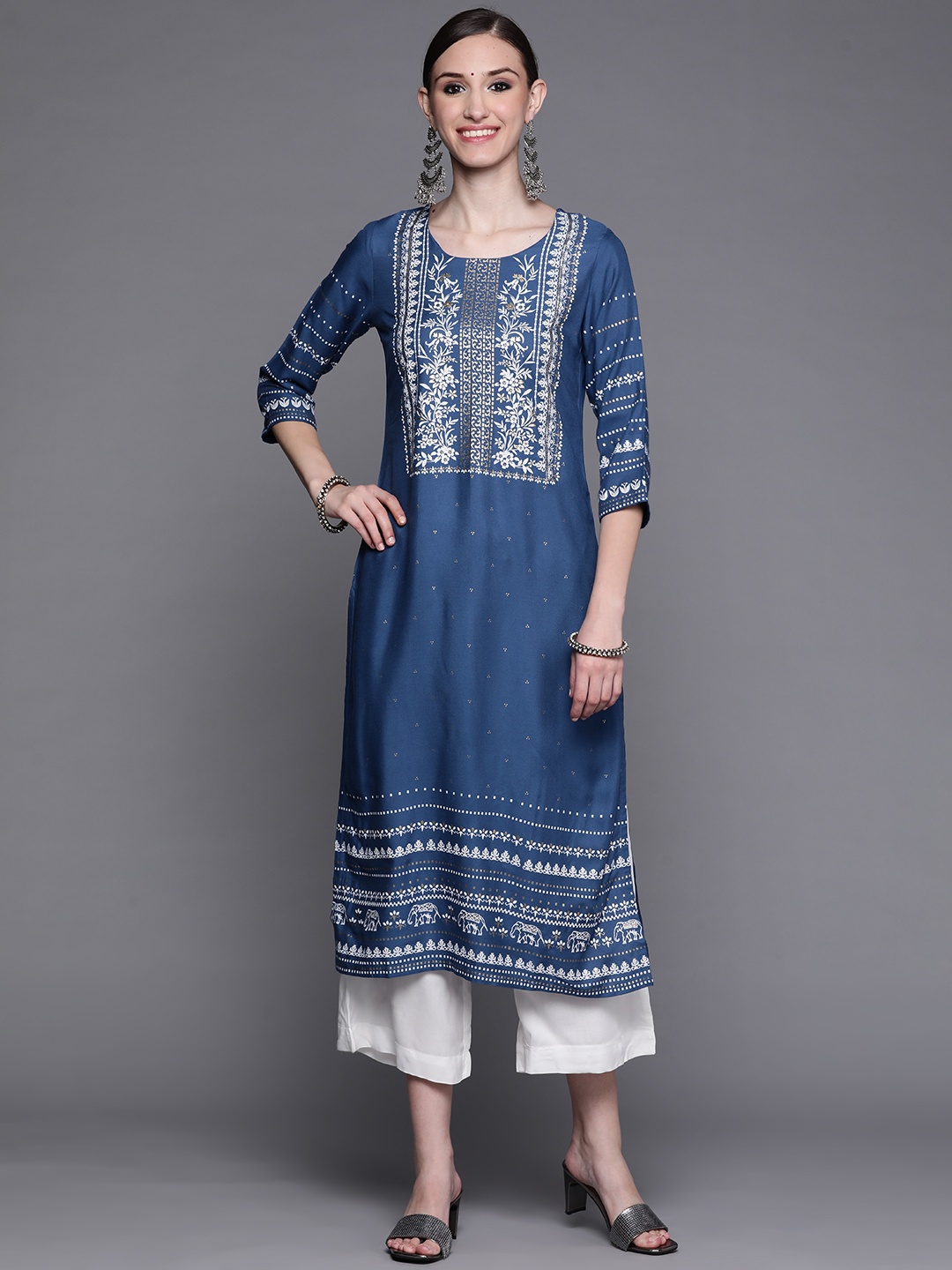 

Biba Women Navy Blue & White Ethnic Motifs Printed Kurta with Palazzos