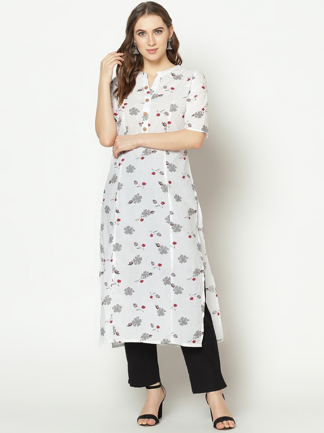 

ZNX Clothing Women White & Grey Floral Printed Panelled Kurta