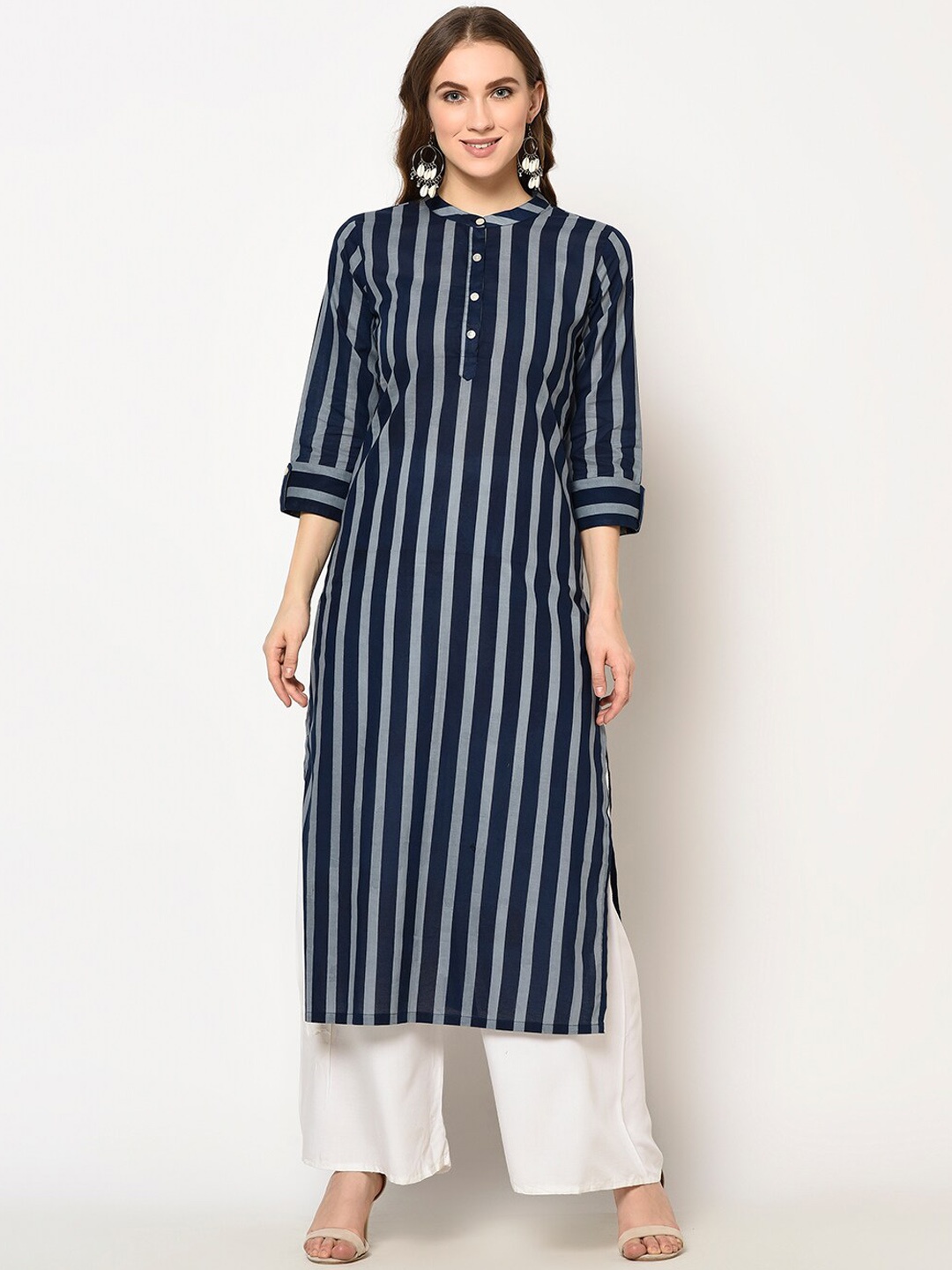 

ZNX Clothing Women Grey & Navy Blue Striped Kurta