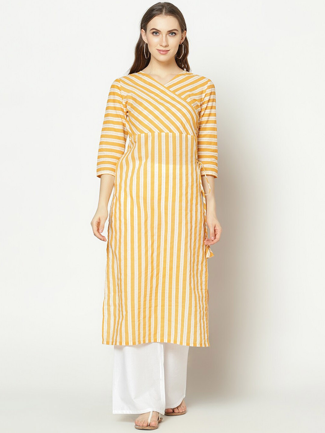 

ZNX Clothing Women Yellow Striped Cotton Straight Kurta