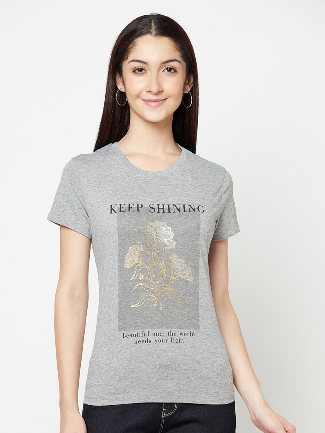 

Cantabil Women Grey Melange Printed Cotton T-shirt