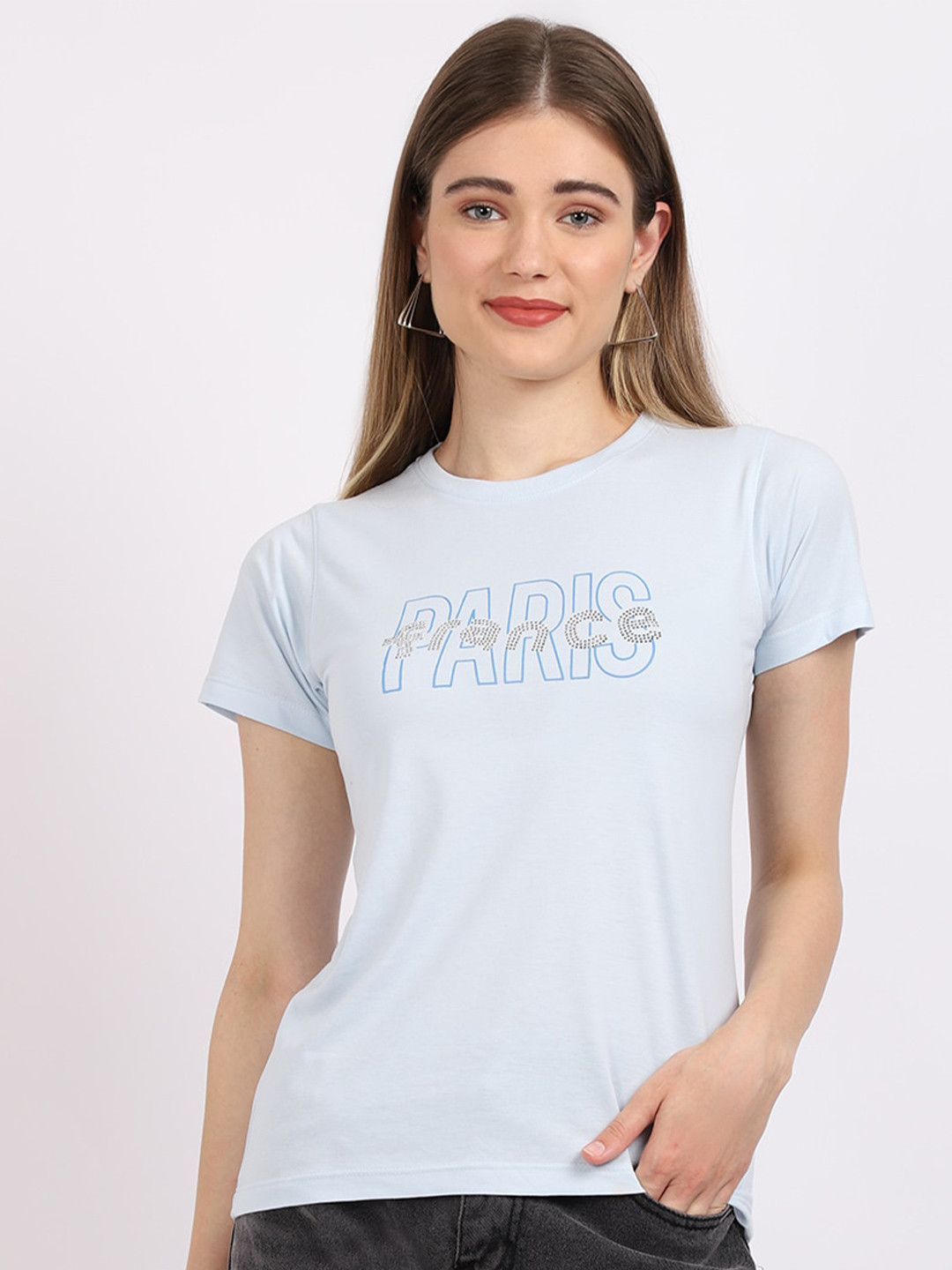 

Cantabil Women Blue Typography Cotton T-shirt