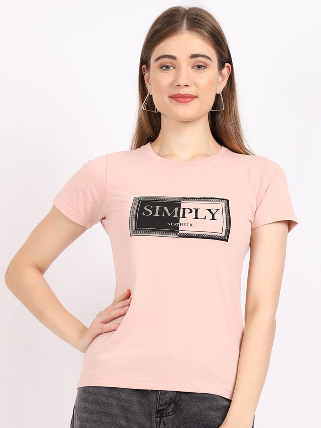 

Cantabil Women Peach-Coloured Typography Printed T-shirt