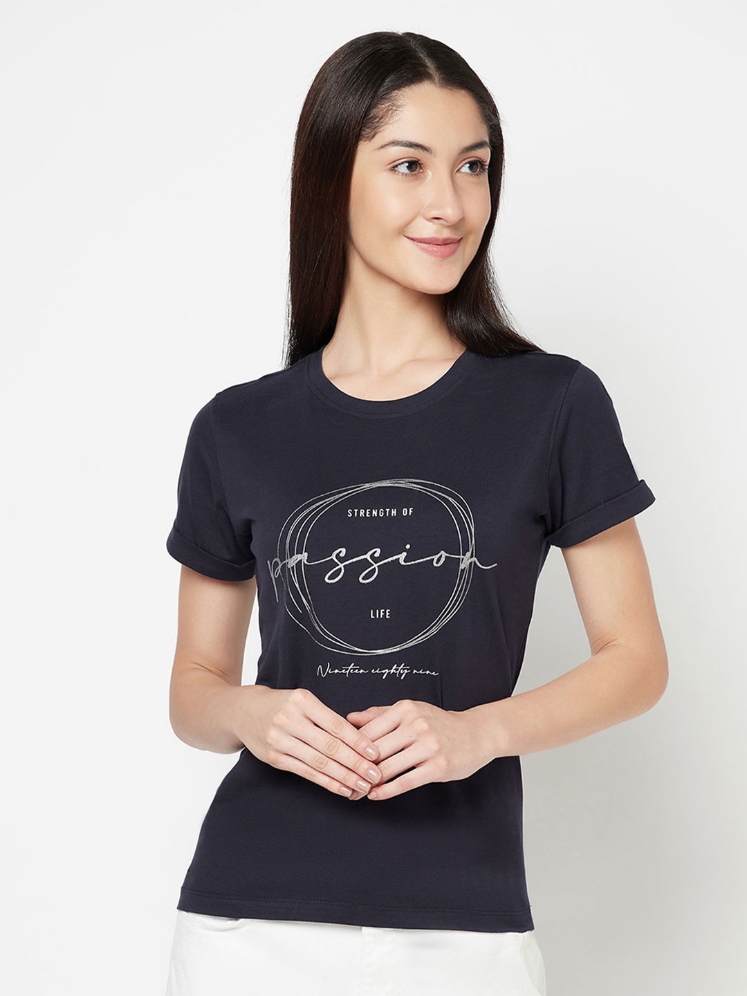 

Cantabil Women Navy Blue Printed T-shirt