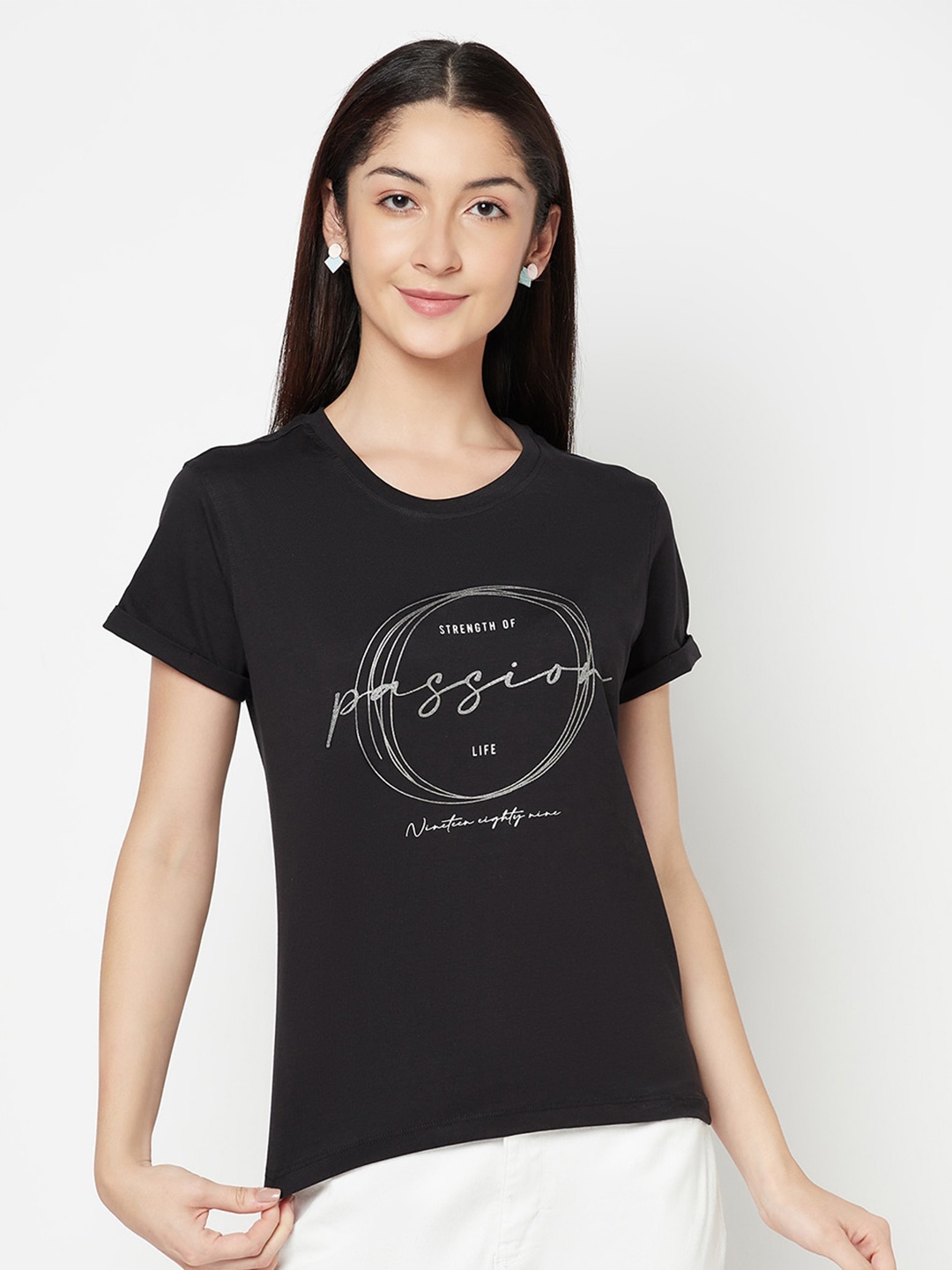 

Cantabil Women Black Typography Printed Cotton T-shirt