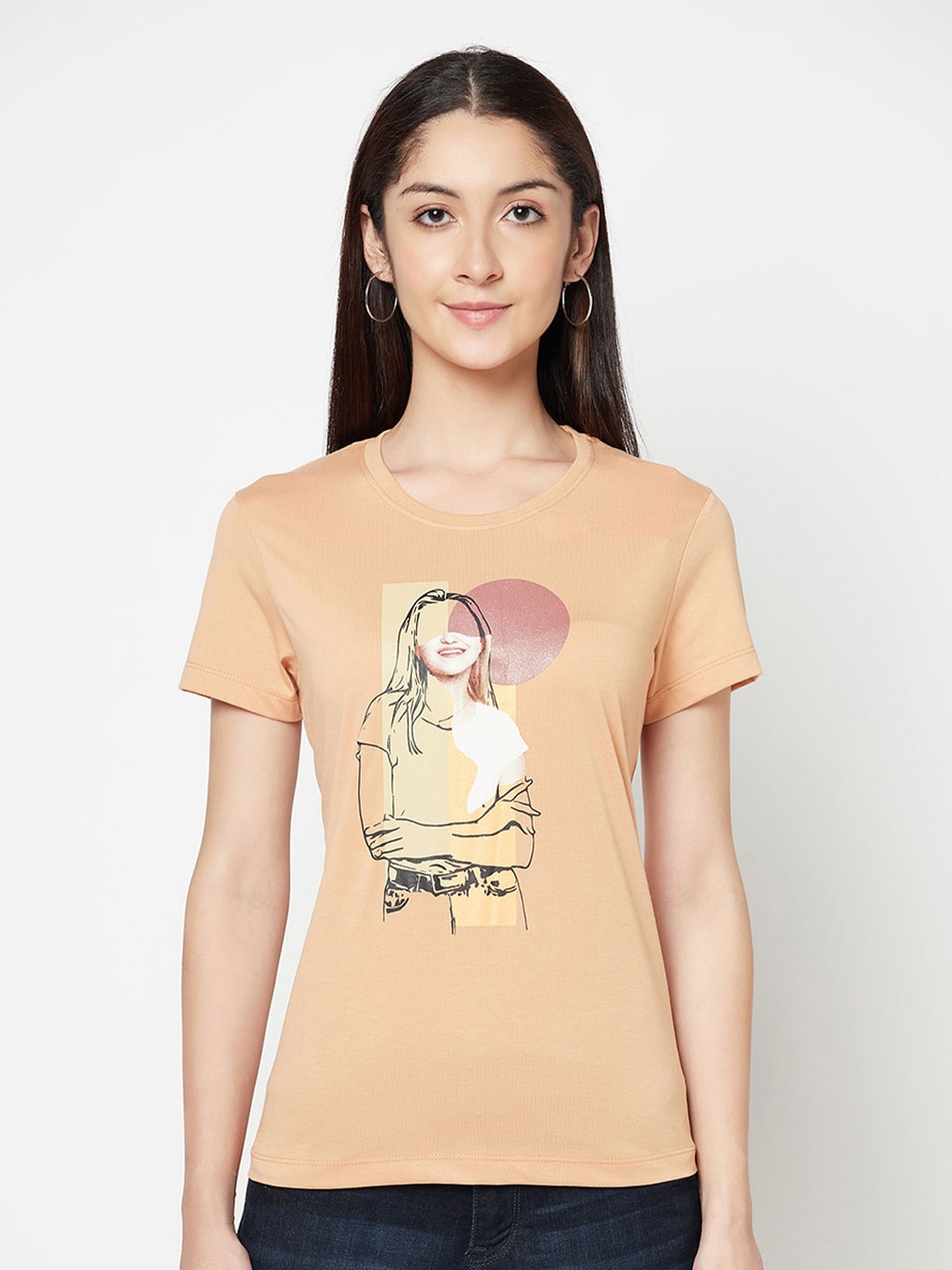 

Cantabil Women Peach-Coloured Printed T-shirt