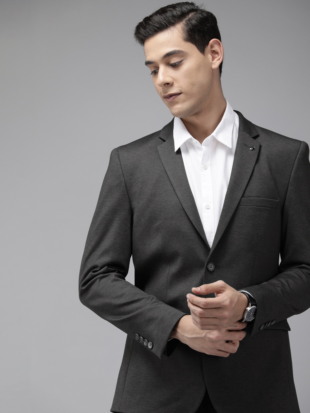 

Van Heusen Men Grey Self-designed Single-Breasted Formal Blazer