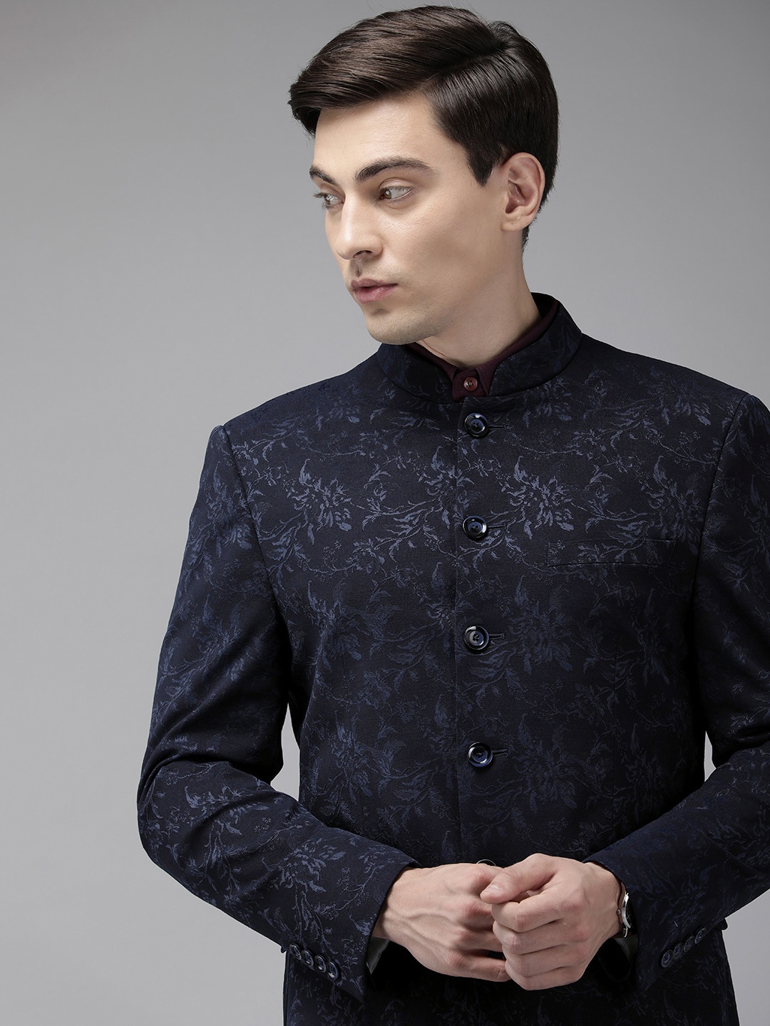 

Van Heusen Men Navy Blue Printed Bandhgala Blazer