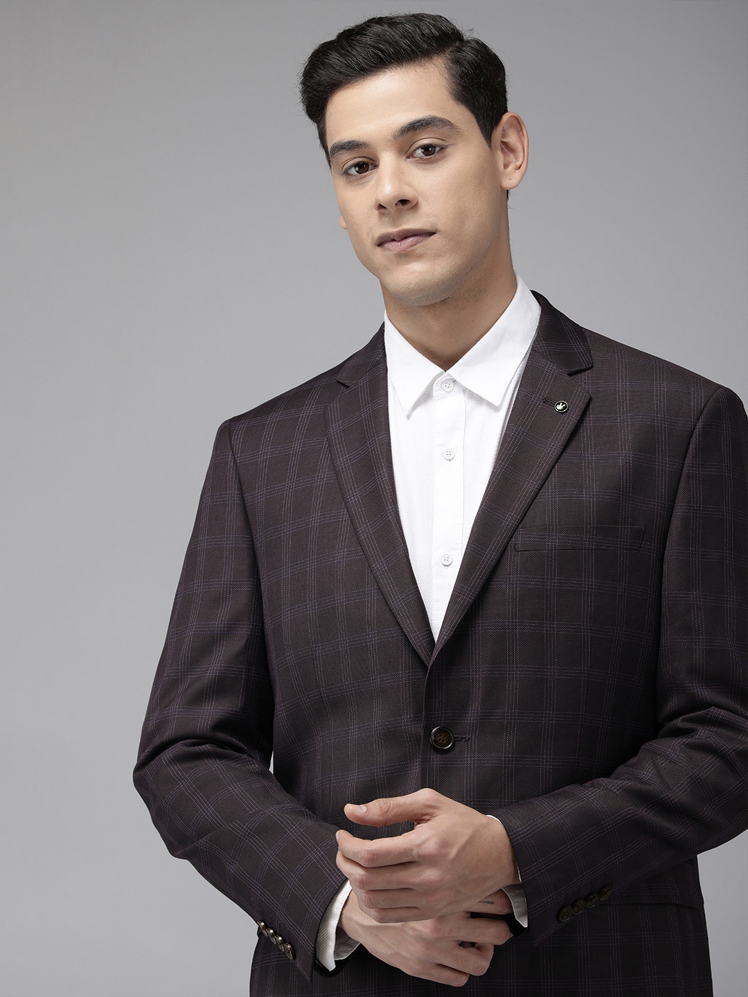 

Van Heusen Men Maroon & Blue Slim Fit Checked Single-Breasted Formal Blazer