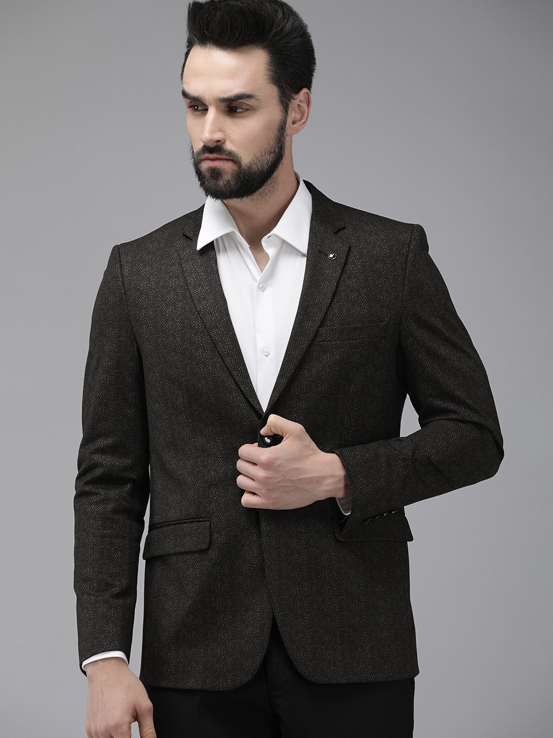 

Van Heusen Men Brown Self Design Slim-Fit Single-Breasted Formal Blazer