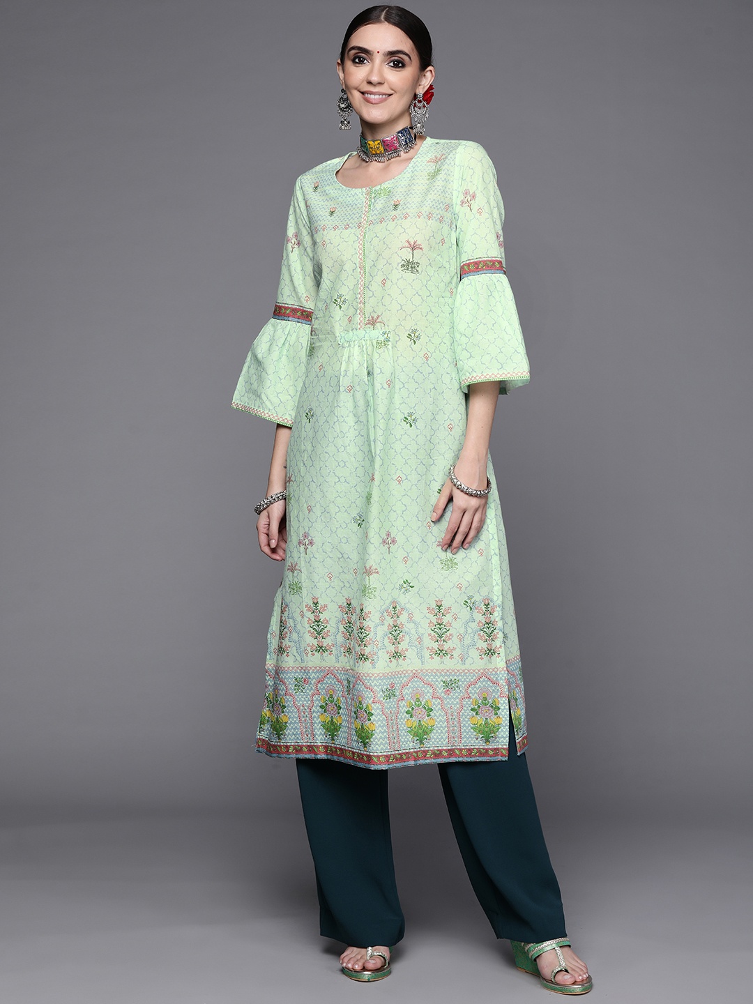 

Biba Women Mint Green & Blue Ethnic Motifs Printed Flared Sleeves A-line Pure Cotton Kurta