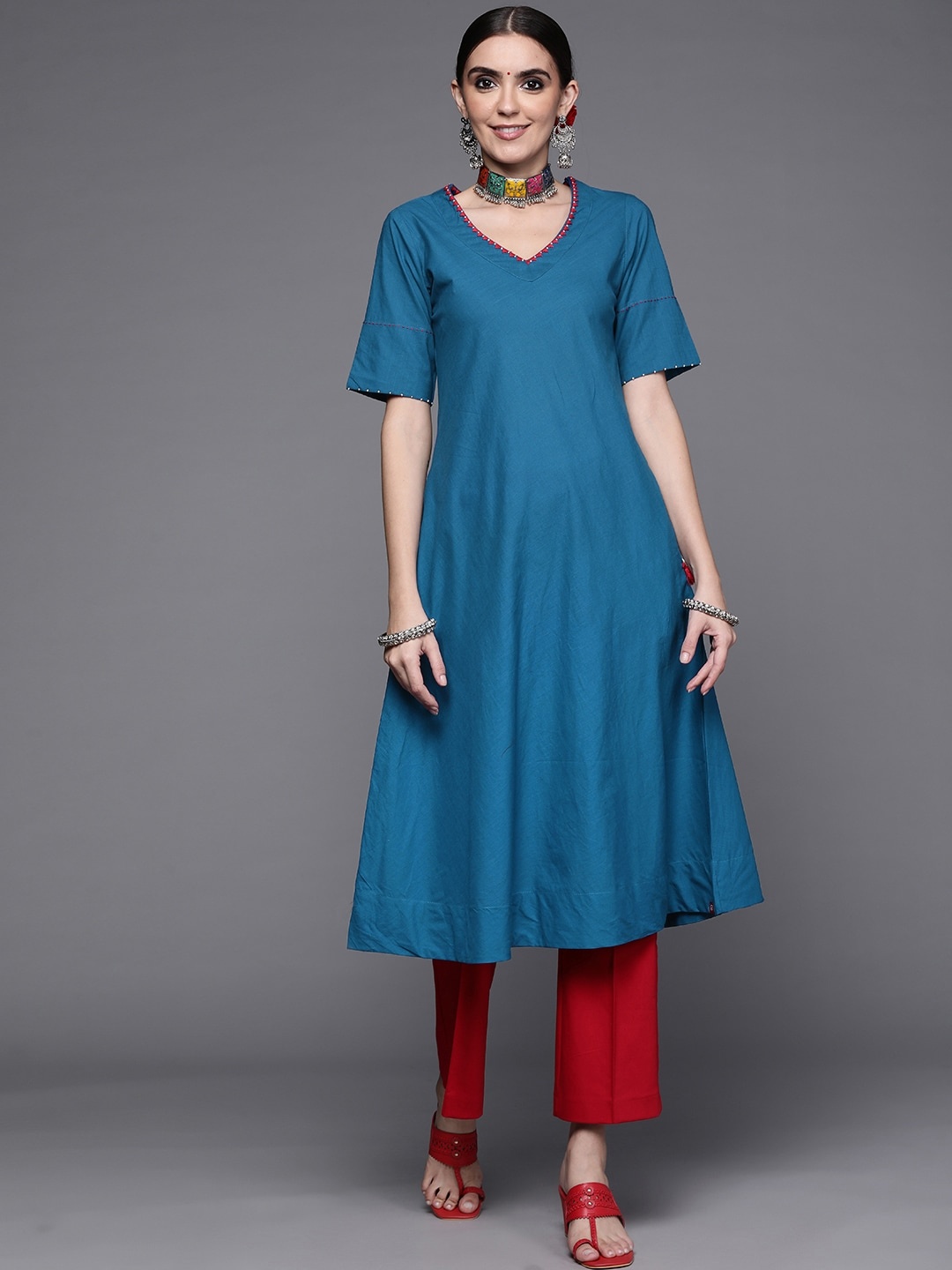 

Biba Women Navy Blue Solid Embroidered Bead Detail A-Line Pure Cotton Kurta