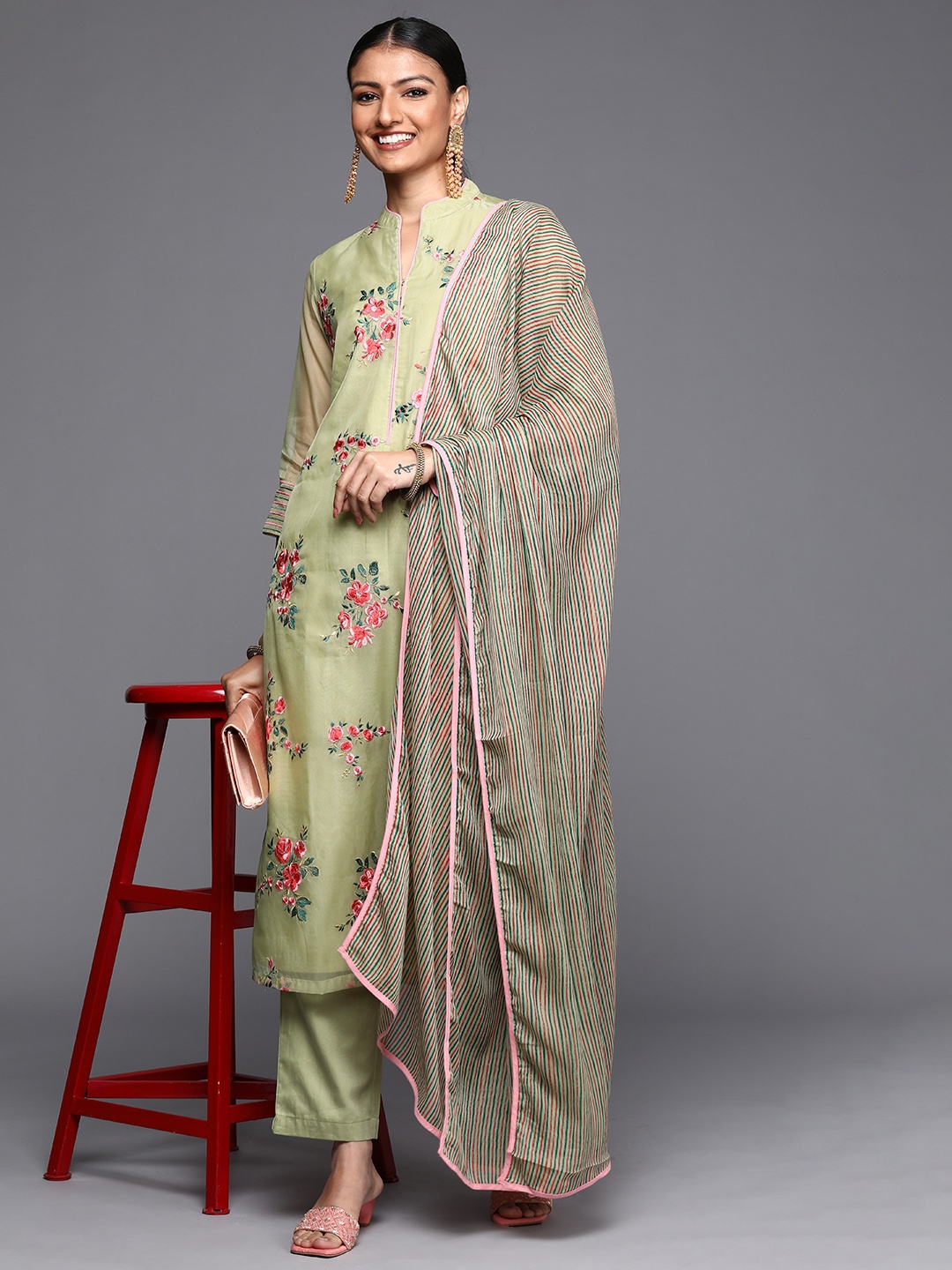 

Biba Women Olive Green & Pink Ethnic Motifs Embroidered Kurta with Trousers & Dupatta