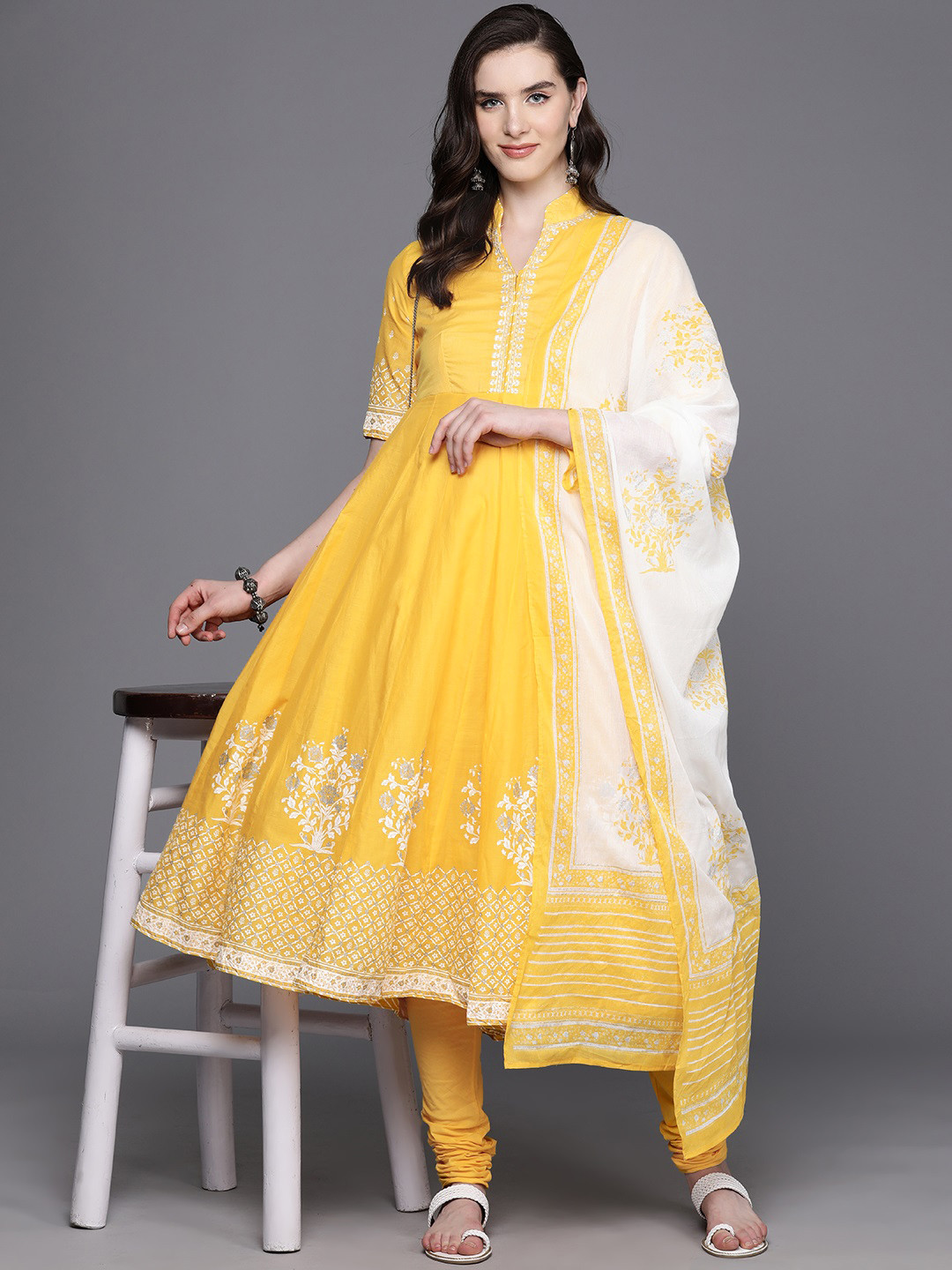 

Biba Ethnic Motifs Print Pure Cotton Anarkali Kurta with Churidar & Dupatta, Yellow