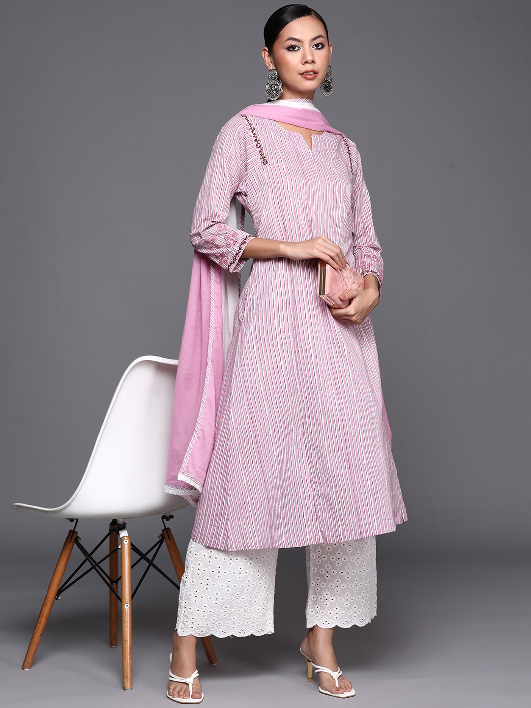 

Biba Women Pink & White Striped Kurta with Palazzos & Dupatta