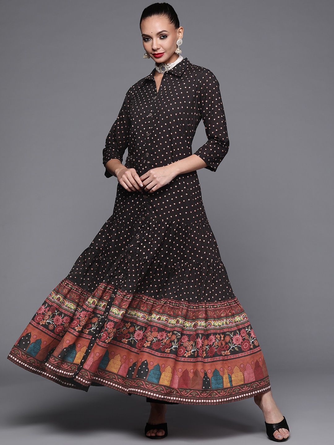 

Biba Black & Brown Ethnic A-Line Maxi Dress