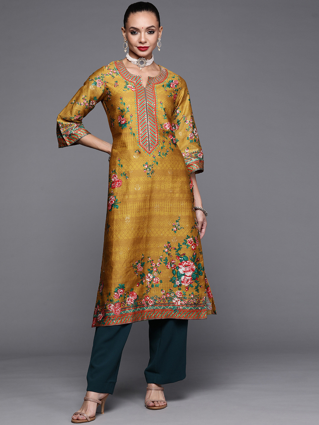 

Biba Women Mustard Yellow & Green Floral Printed Pure Cotton Kurta