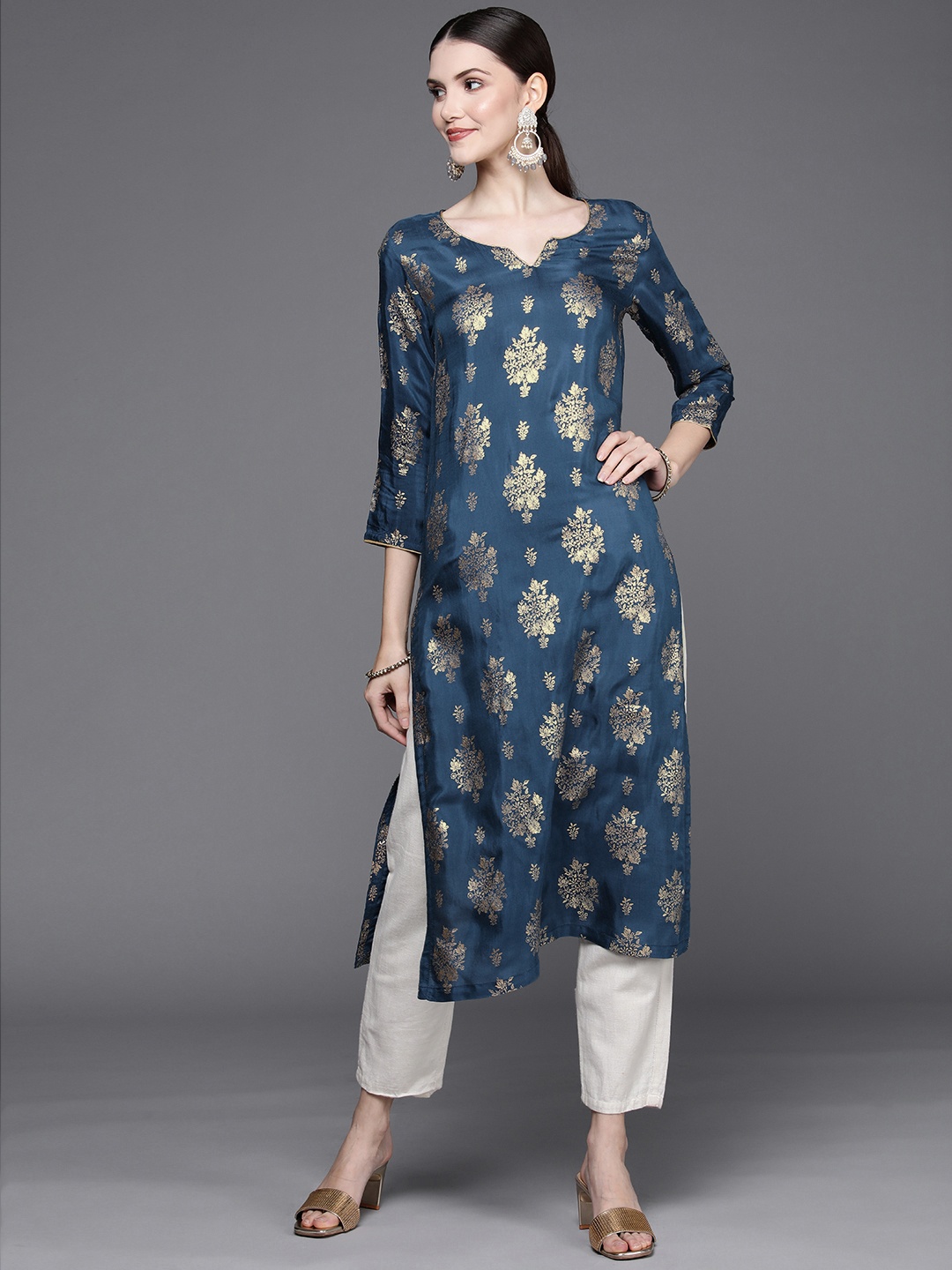 

Biba Women Navy Blue & Golden Ethnic Motifs Printed Kurta