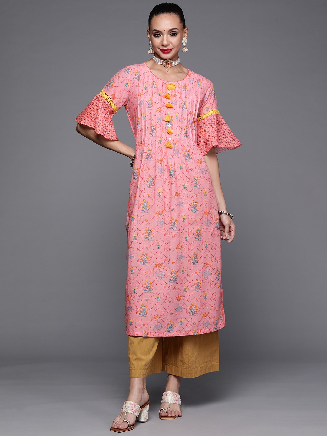 

Biba Women Pink & Teal Floral Printed Bell Sleeves Kurta