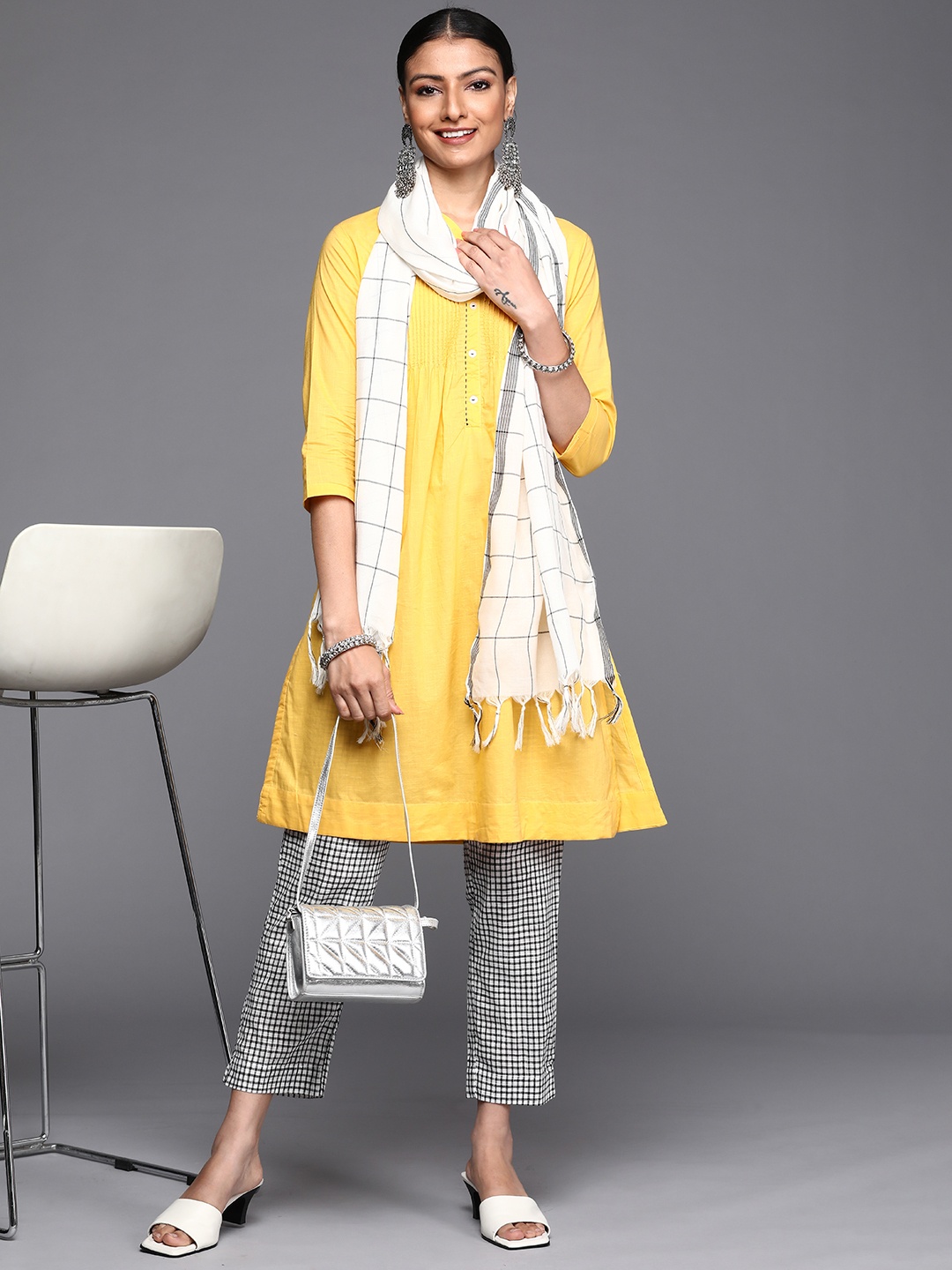 

Biba Women Yellow & White Printed Pure Cotton Kurta with Trousers & Dupatta