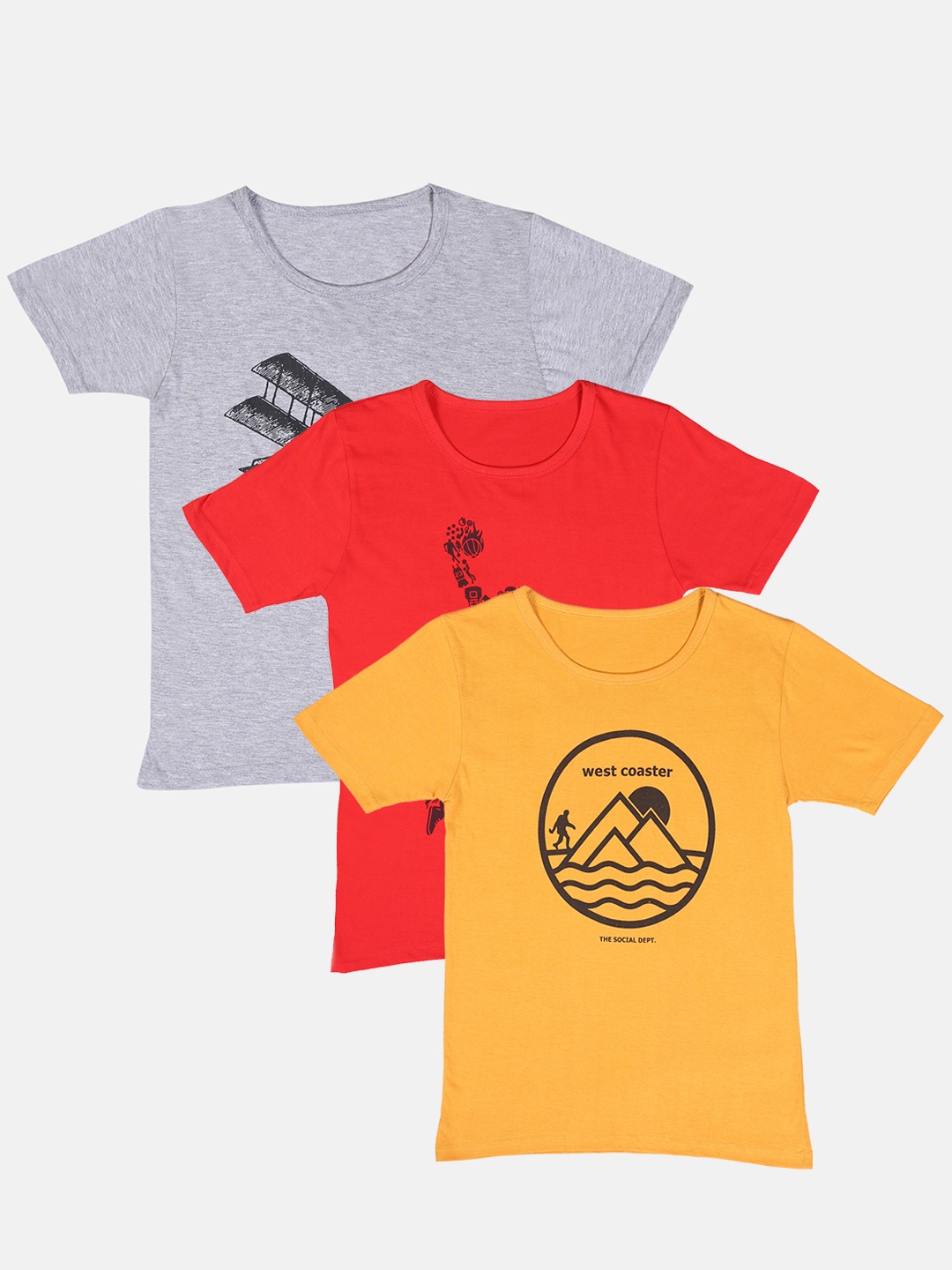 

TINY HUG Boys Pack of 3 Mustard Yellow & Red Printed Cotton T-shirt