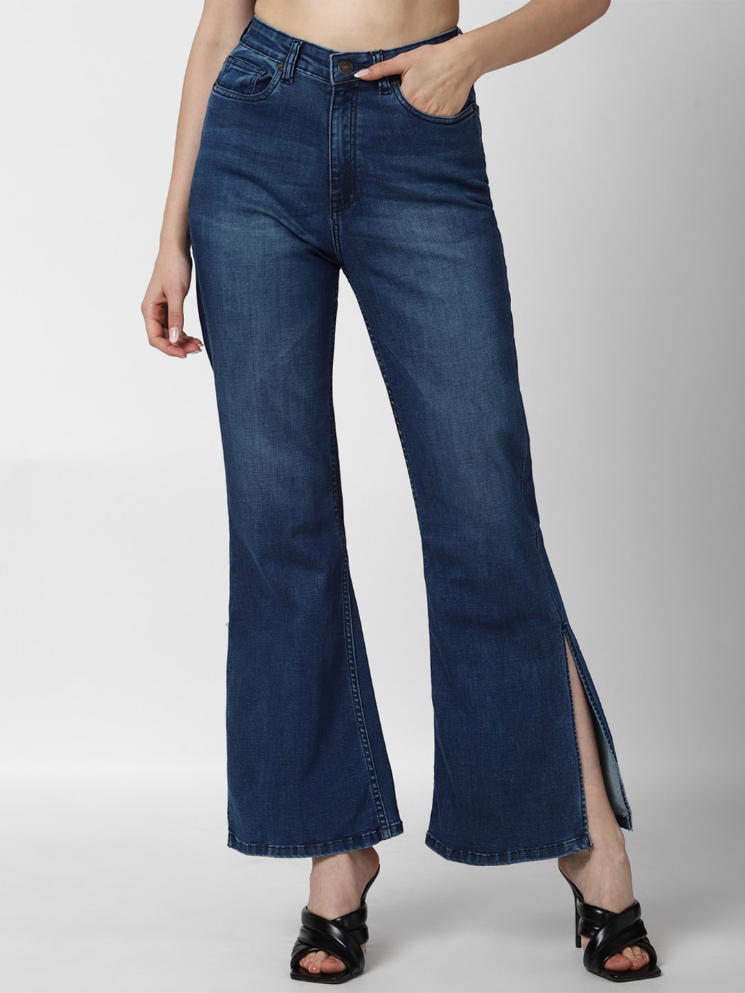 

FOREVER 21 Women Navy Blue Flared Light Fade Wide-leg Jeans