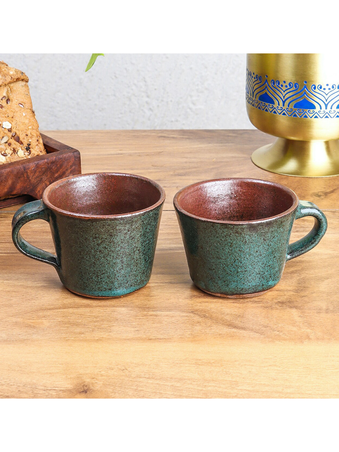 

nakshikathaa Green Handcrafted and Hand Painted Solid Ceramic Matte Cups Set of Cups and Mugs