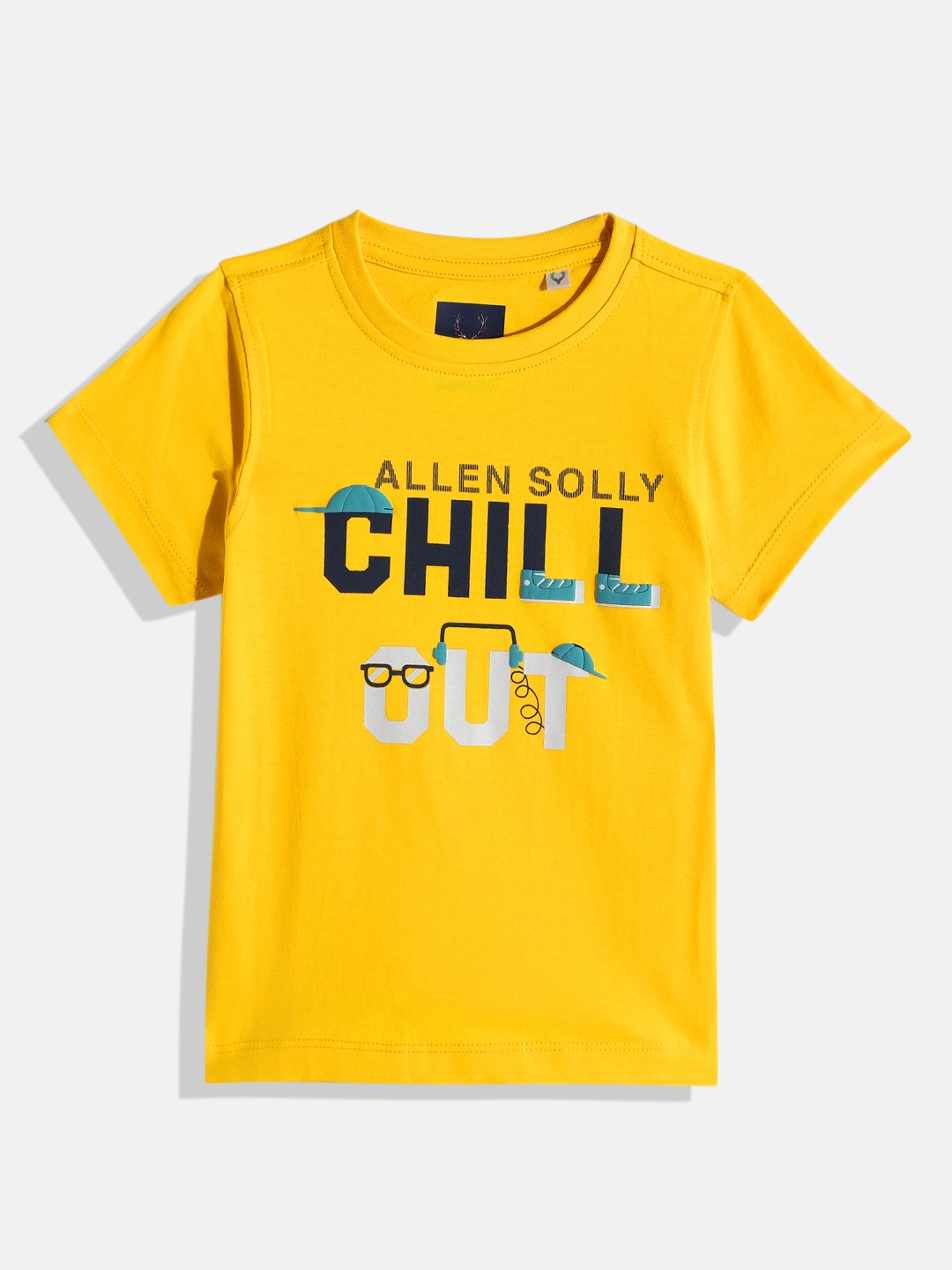 

Allen Solly Junior Boys Yellow & Navy Blue Typography Printed Pure Cotton T-shirt