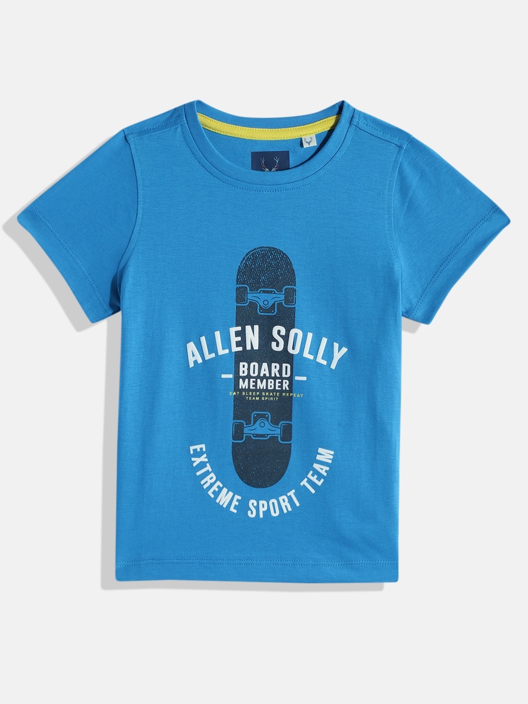 

Allen Solly Junior Boys Blue Brand Logo Printed Pure Cotton T-shirt