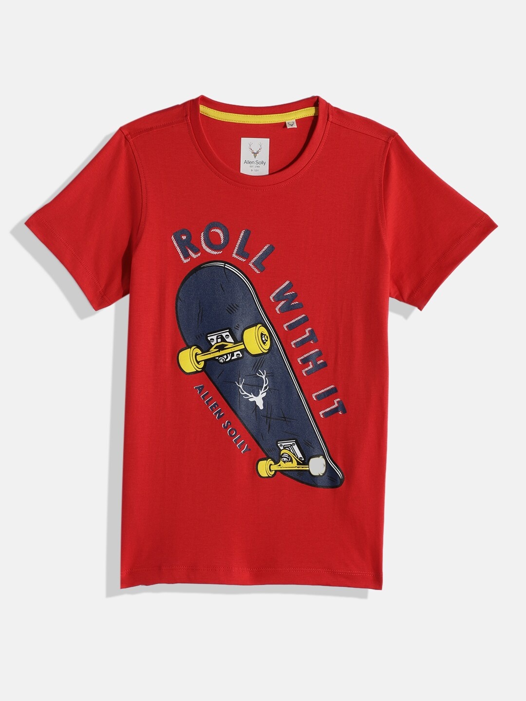 

Allen Solly Junior Boys Red & Navy Blue Printed Pure Cotton T-shirt