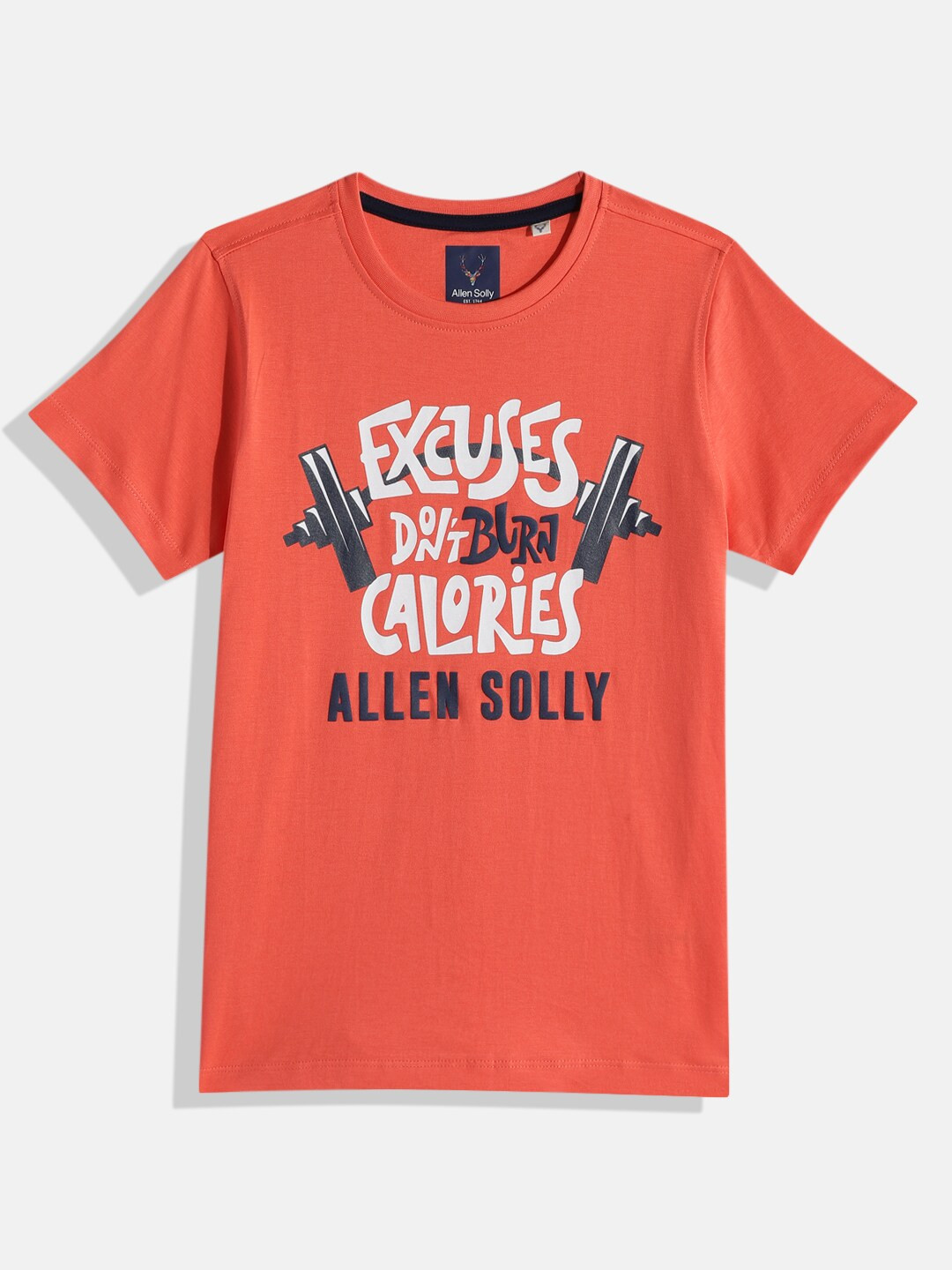 

Allen Solly Junior Boys Coral Red & Navy Blue Typography Printed Pure Cotton T-shirt