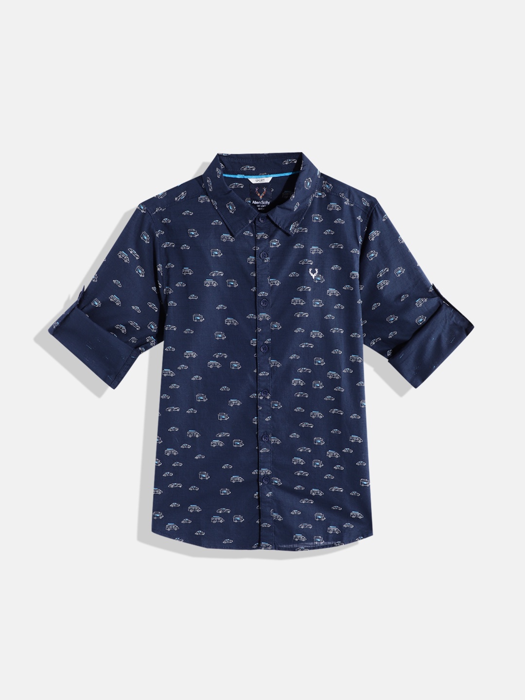 

Allen Solly Junior Boys Conversational Printed Pure Cotton Regular Fit Sport Shirt, Navy blue