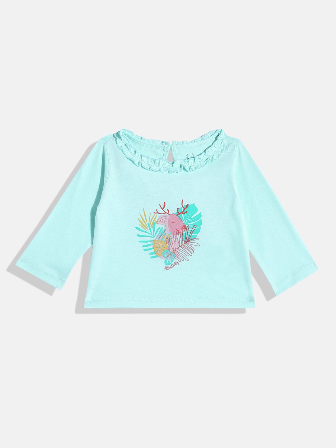 

Allen Solly Junior Lettuce Edge Neck Graphic Print Cotton Top, Turquoise blue