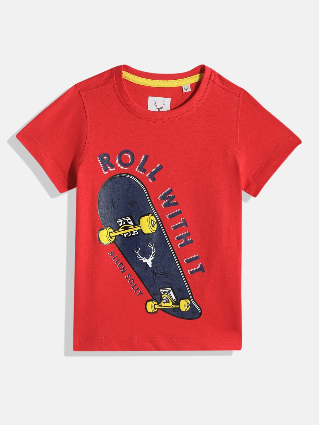 

Allen Solly Junior Boys Red & Navy Blue Graphic Printed Pure Cotton T-shirt
