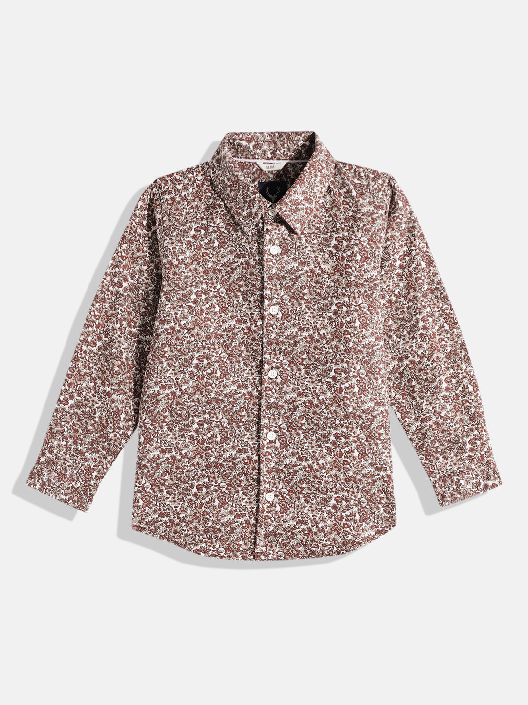 

Allen Solly Junior Boys Brown Slim Fit Floral Opaque Printed Pure Cotton Casual Shirt