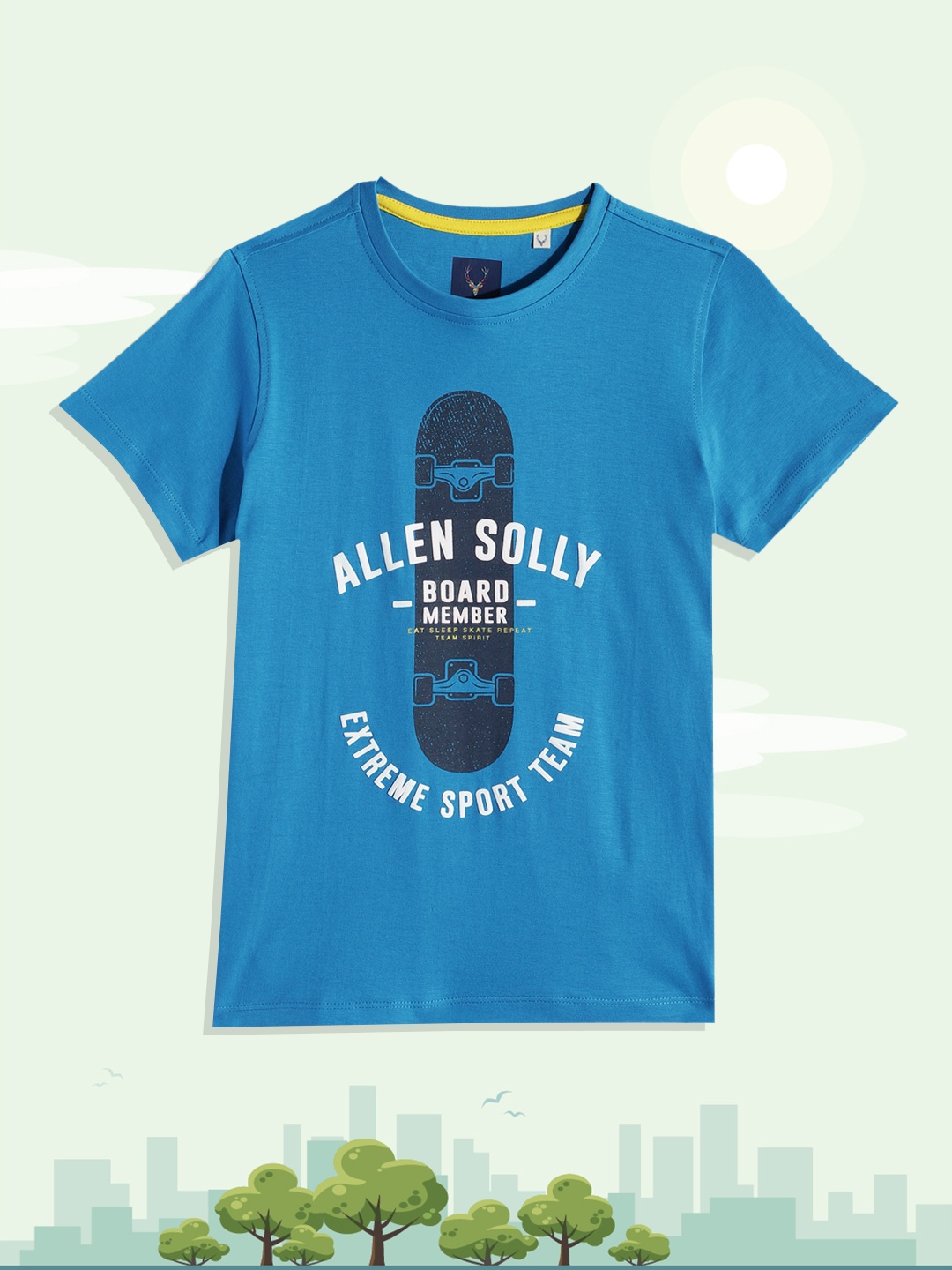 

Allen Solly Junior Boys Blue Brand Logo Printed Pure Cotton T-shirt
