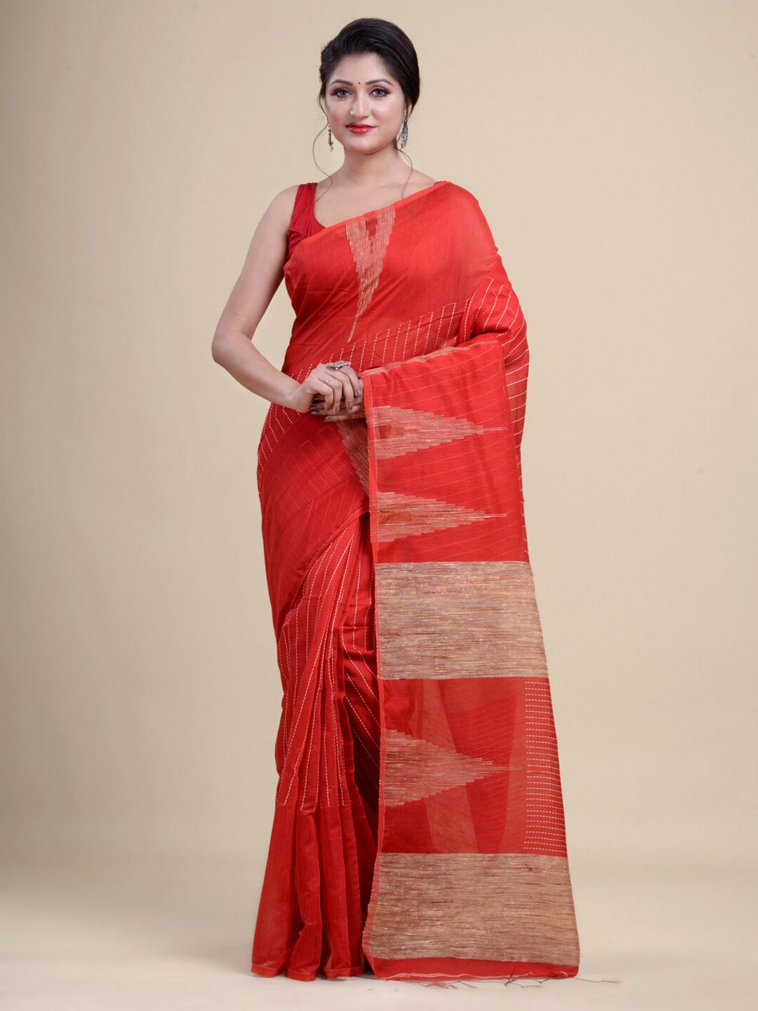

Laa Calcutta Red & Beige Woven Design Zari Silk Cotton Jamdani Saree