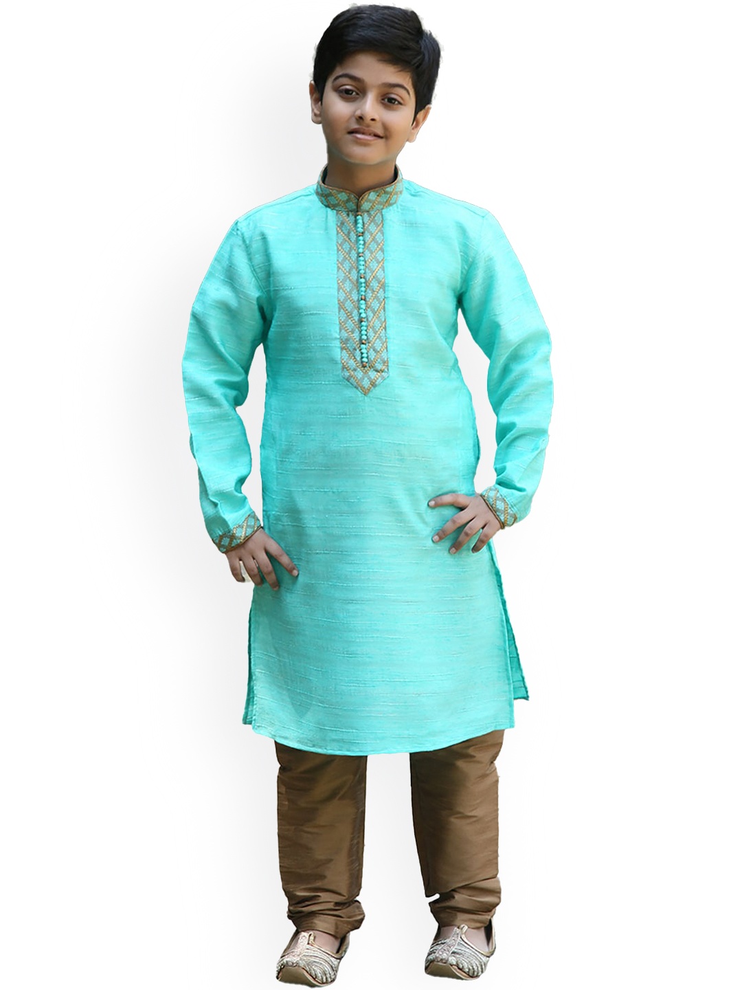 

Manyavar Boys Turquoise Blue Yoke Design Kurta with Pyjamas, Sea green