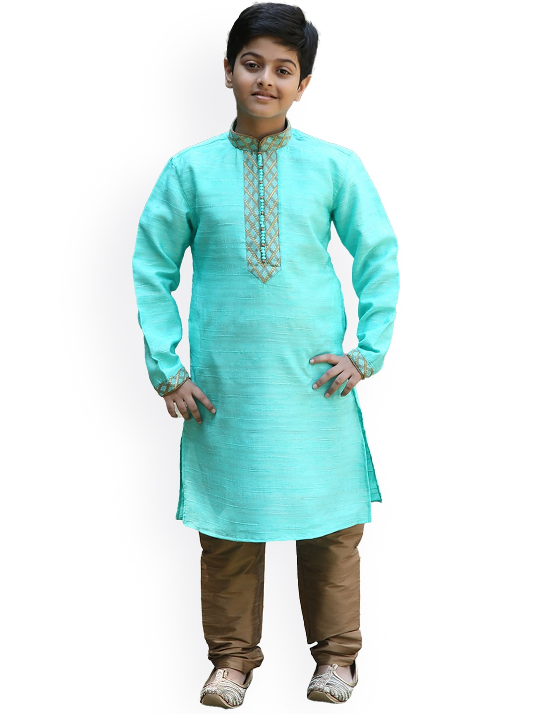 

Manyavar Boys Yoke Design Kurta with Pyjamas, Sea green